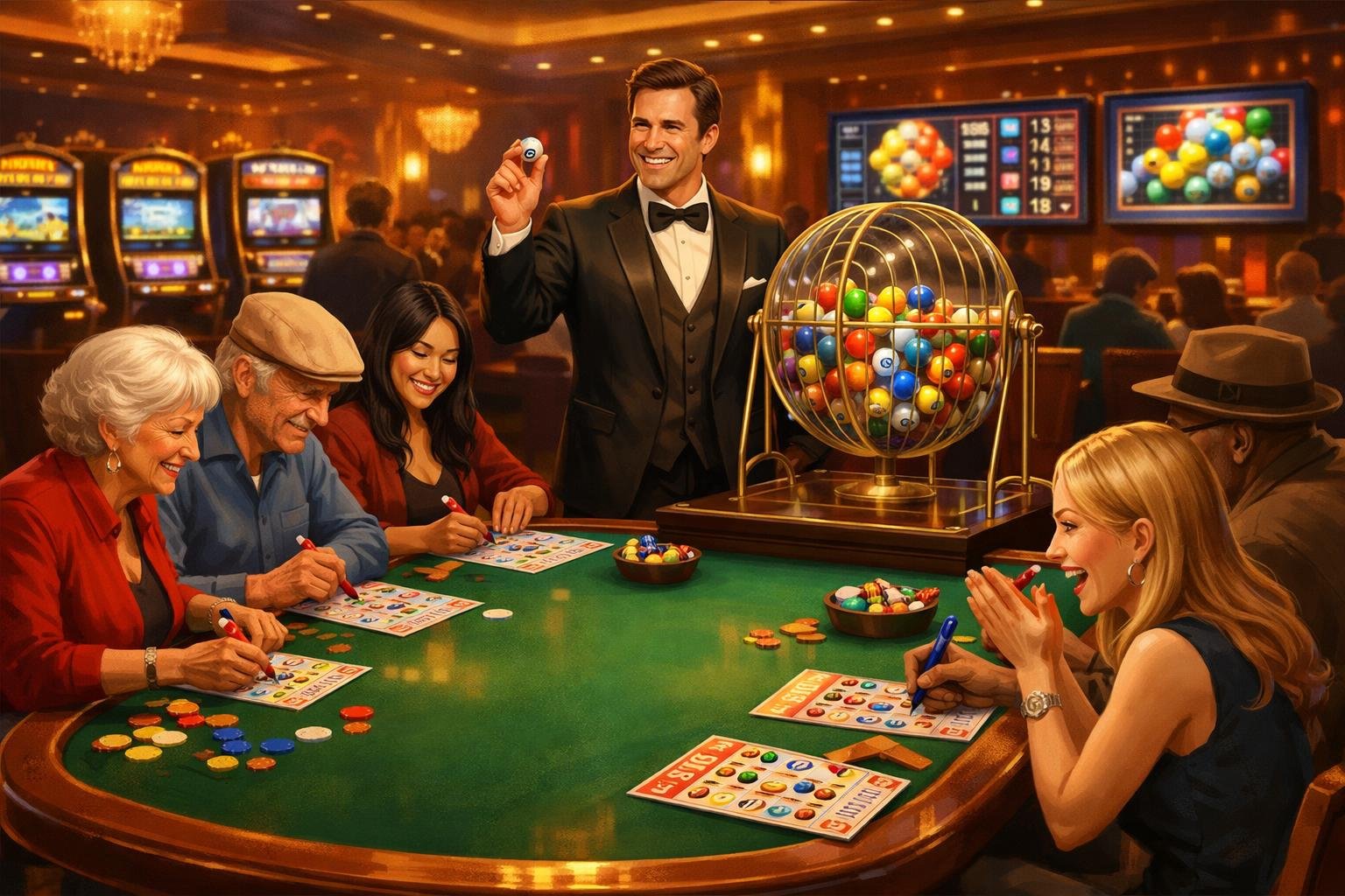 A Group Of People Playing Live Bingo Around A Table With A Dealer Drawing Numbered Balls In A Casino Setting.