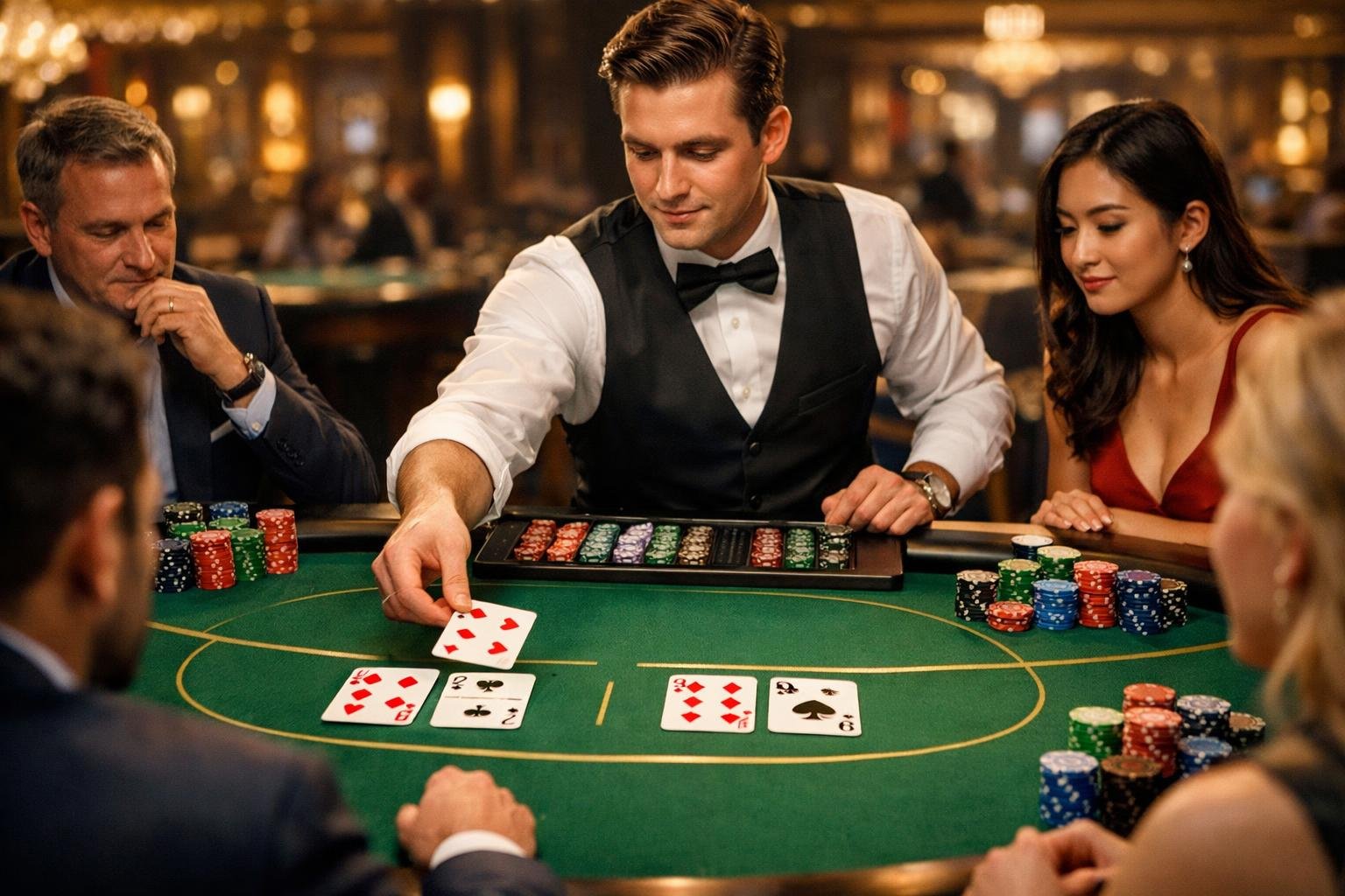 A Dealer Deals Cards To Players Around A Baccarat Table In A Lively Casino Setting.