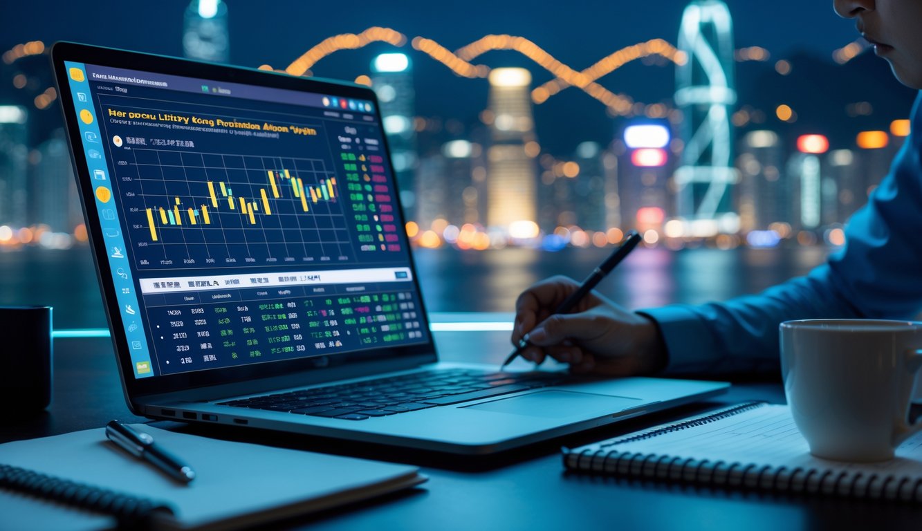 Seseorang sedang menganalisis data angka togel di meja kerja dengan laptop dan catatan, latar belakang kota Hong Kong malam hari.