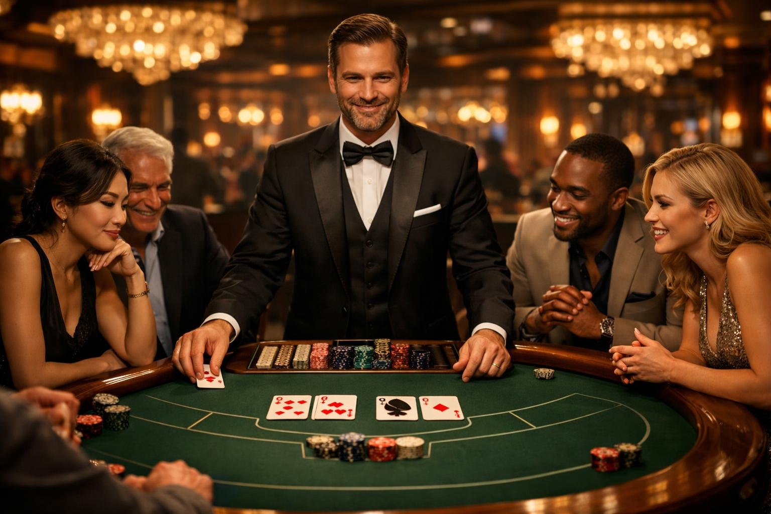 A Dealer At A Baccarat Table In A Casino With Players Watching And Cards Being Dealt.