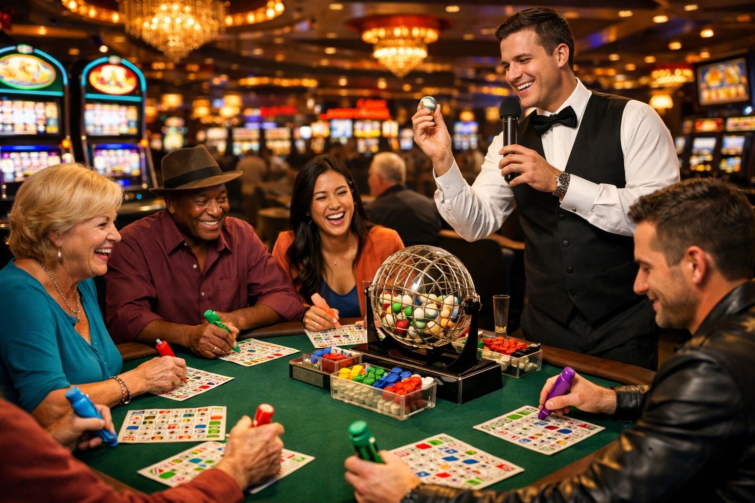 A Group Of People Playing Live Bingo At A Casino Table With A Dealer Calling Out Numbers, Surrounded By Casino Machines And Bright Lights.