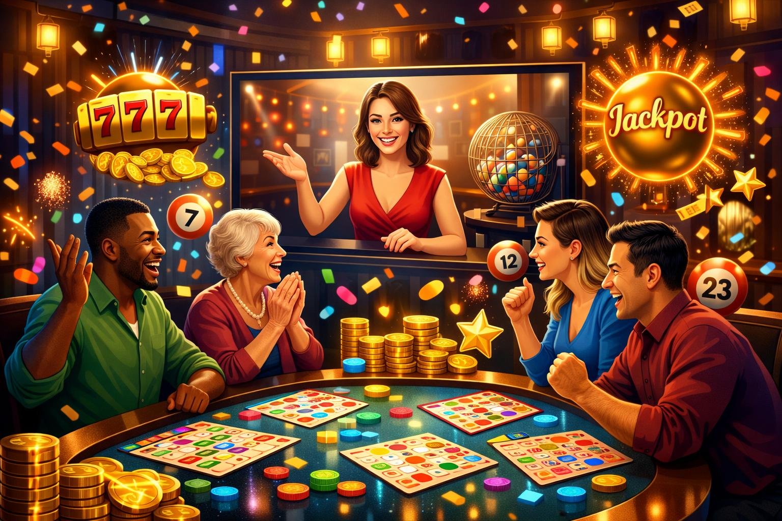A Group Of Diverse Players Enjoying A Live Bingo Game With A Dealer On A Video Screen, Surrounded By Bingo Cards, Chips, And Celebratory Icons.