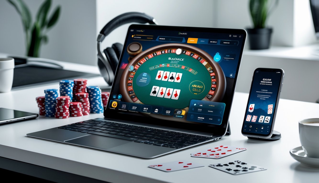 Sebuah perangkat dengan tampilan permainan blackjack online yang realistis, dikelilingi oleh chip poker dan kartu remi di atas meja kerja yang rapi.