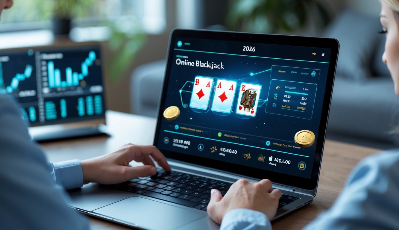 Seorang pemain muda yang fokus menggunakan laptop dengan tampilan permainan blackjack online, di ruang kerja yang nyaman dan modern.