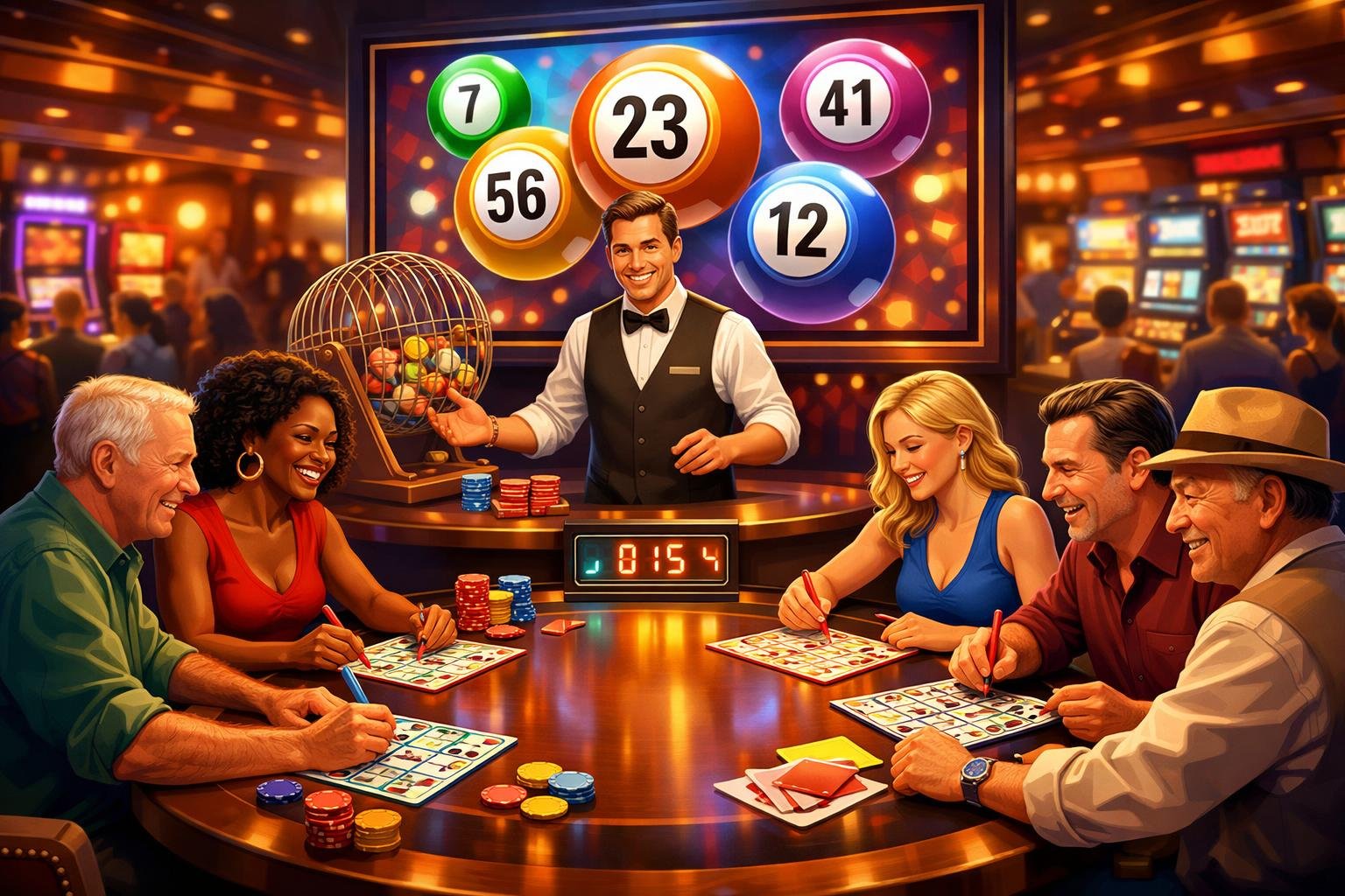 A Group Of People Playing Live Bingo Around A Table With A Dealer And Colorful Bingo Balls Displayed On A Screen In A Casino Setting.