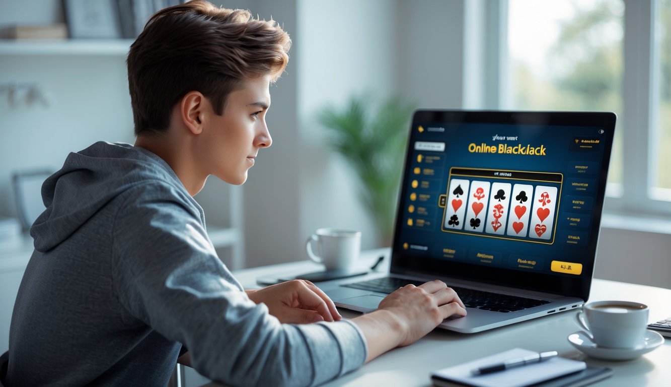 Seseorang muda duduk di meja kerja menggunakan laptop dengan ekspresi fokus, dikelilingi oleh smartphone, cangkir kopi, dan buku catatan di ruangan kantor rumah yang rapi.