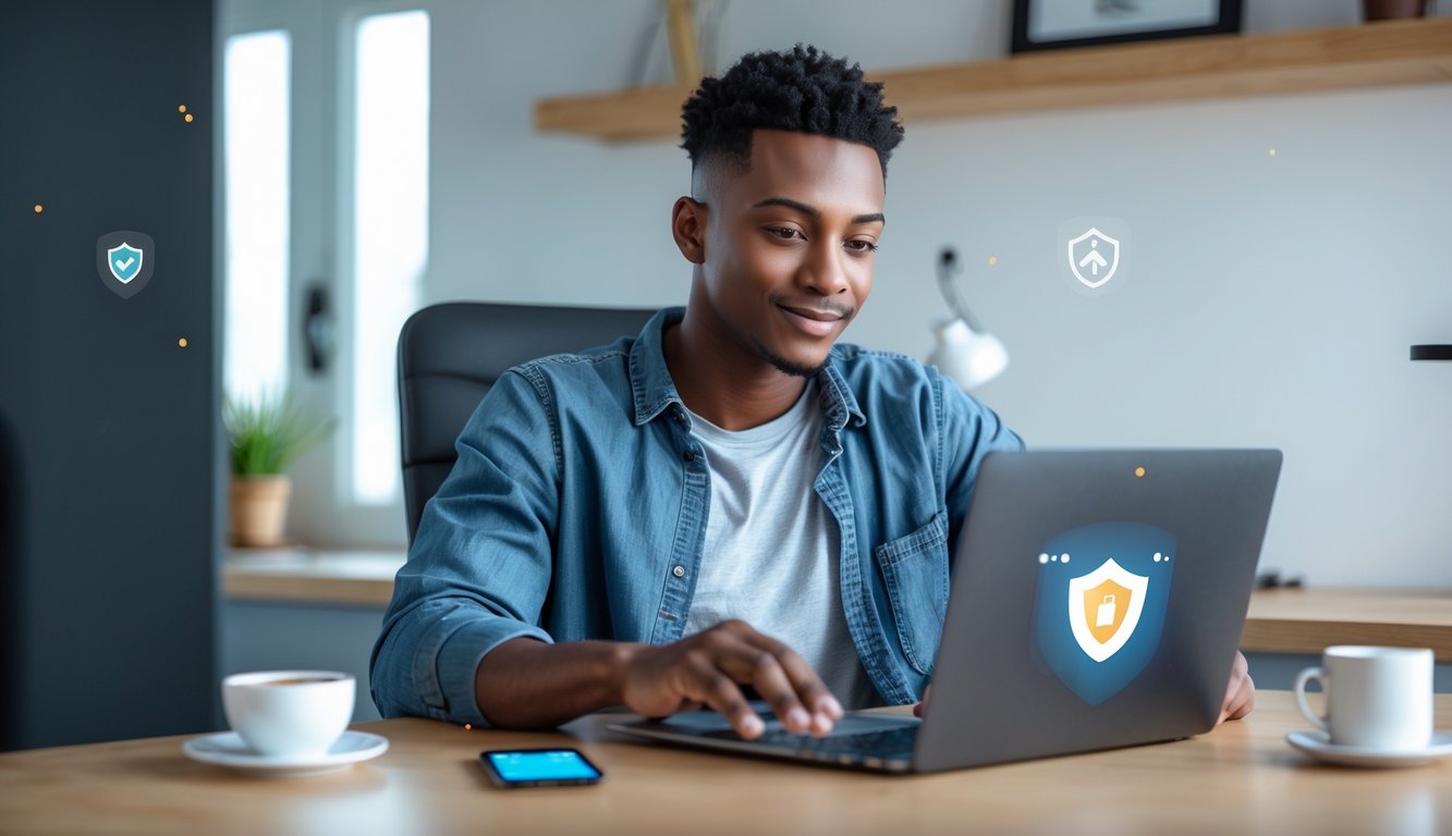 Seorang dewasa muda duduk di meja modern menggunakan laptop untuk bermain blackjack online dengan suasana yang aman dan nyaman di ruang kerja rumah.