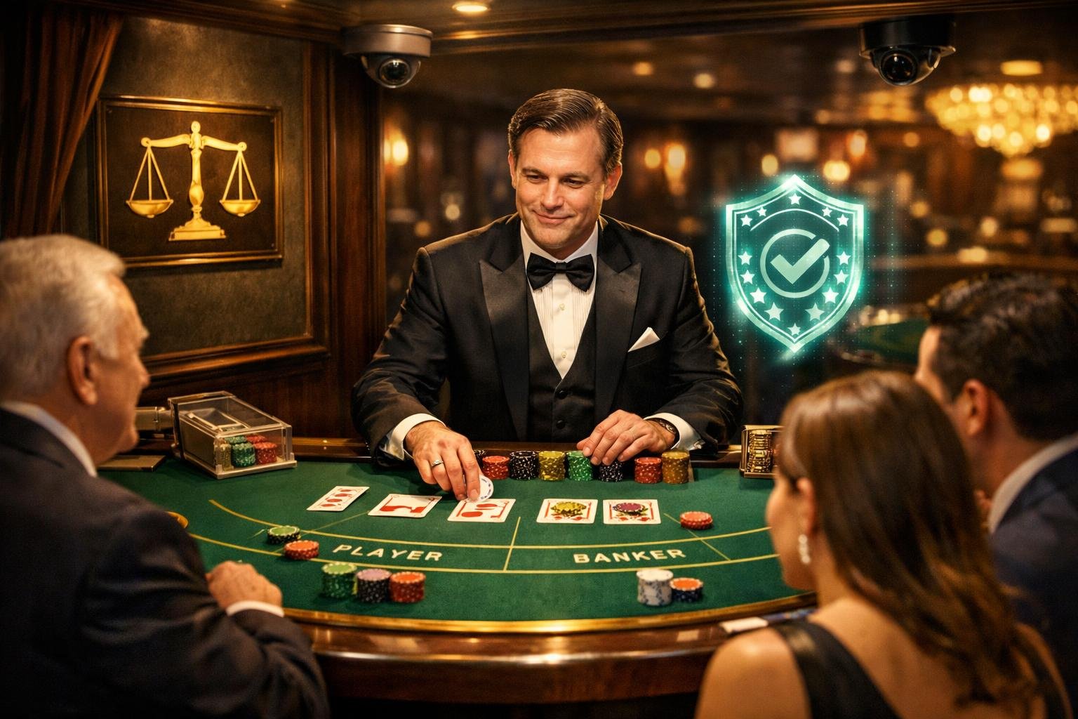 A Baccarat Table With A Dealer And Players In A Casino Setting, Showing A Secure And Fair Gaming Environment.