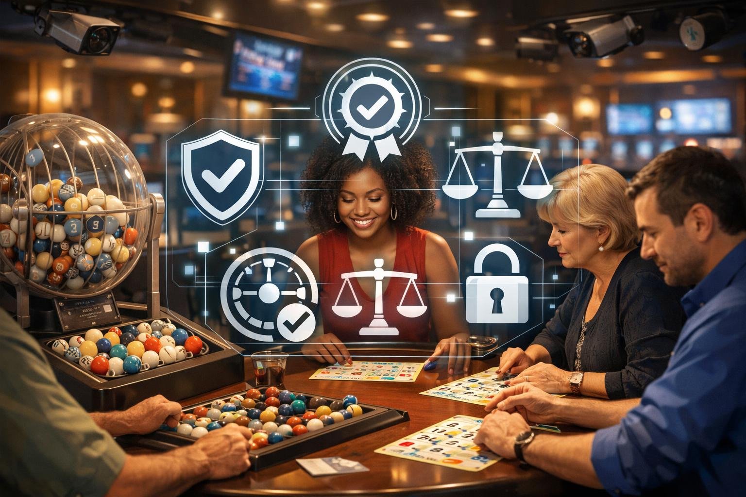 A Group Of People Playing Bingo Around A Table With Digital Icons Representing Security And Fairness In A Modern Casino Setting.