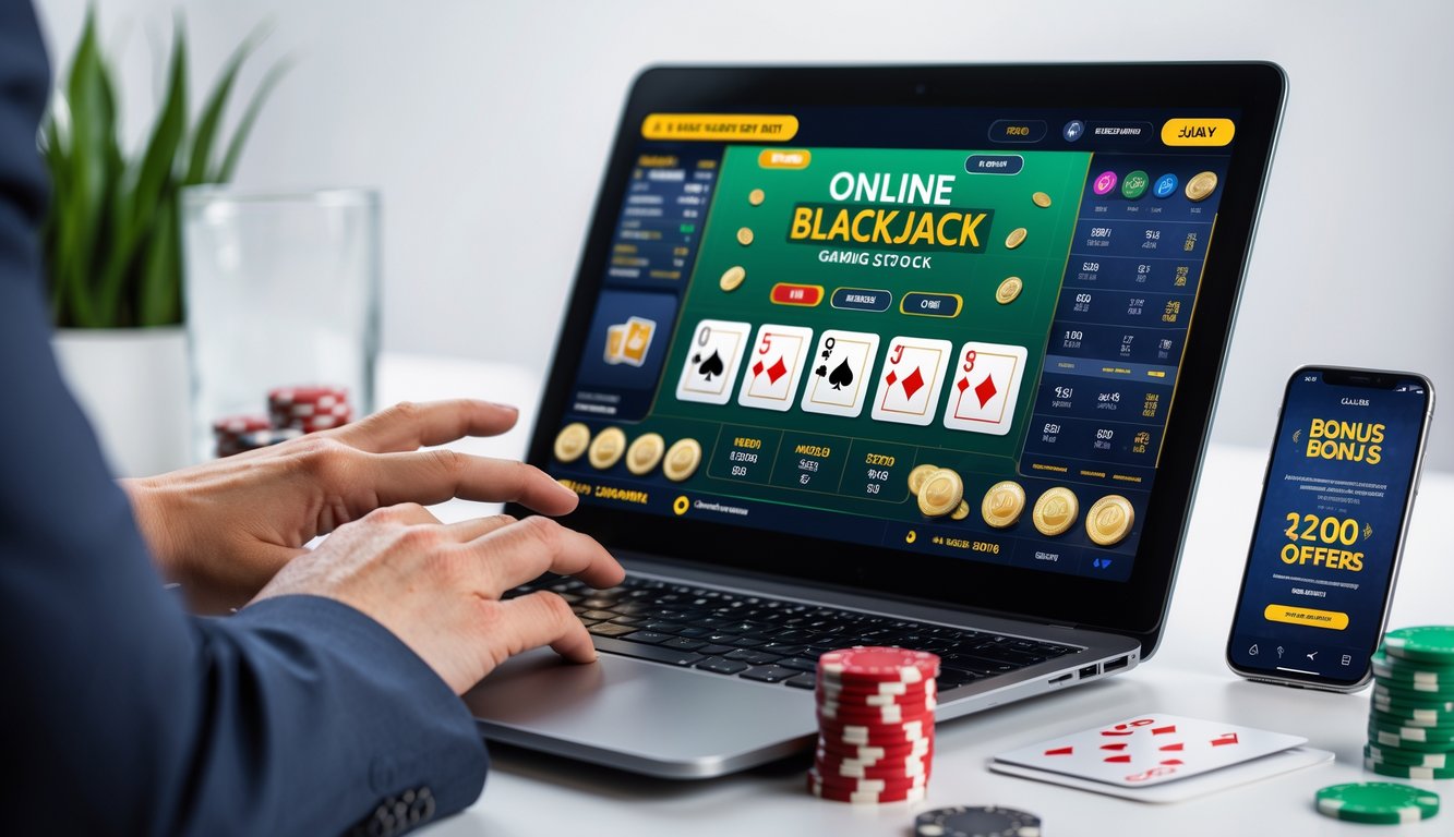 Seseorang menggunakan laptop dengan tampilan permainan blackjack online, di meja terdapat chip poker dan kartu remi.