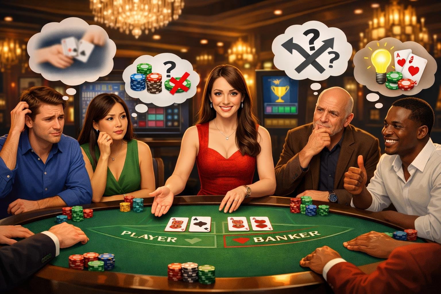 A Live Baccarat Casino Game Scene With A Dealer And Players Around A Table, Showing Players Experiencing And Resolving Common Game Issues.