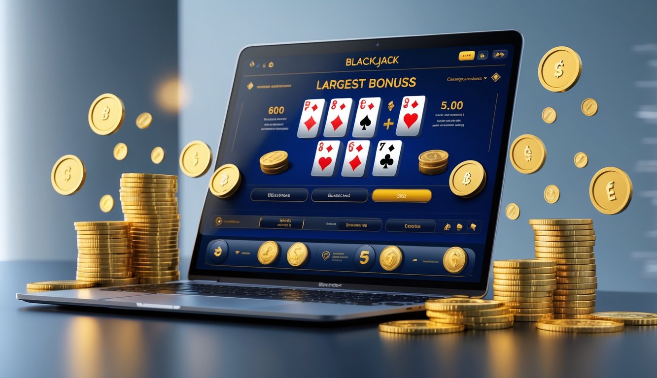 Seorang pemain blackjack online menggunakan komputer dengan tampilan permainan kartu dan chip, dikelilingi oleh simbol koin emas dan ikon fitur bonus.