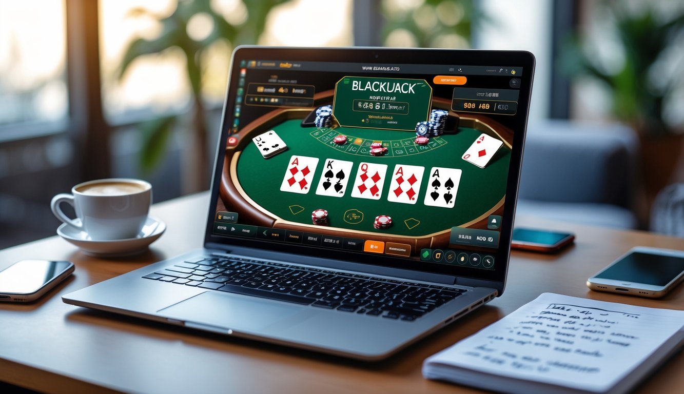 Sebuah laptop menampilkan permainan blackjack online di meja kerja dengan secangkir kopi, ponsel, dan buku catatan strategi di sampingnya.