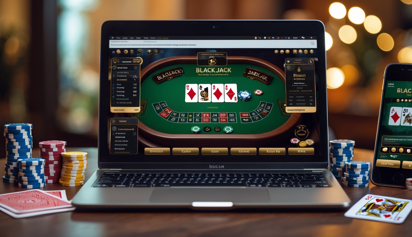 Sebuah laptop menampilkan meja blackjack digital dengan kartu dan chip, dikelilingi chip poker dan smartphone yang menunjukkan aplikasi blackjack.