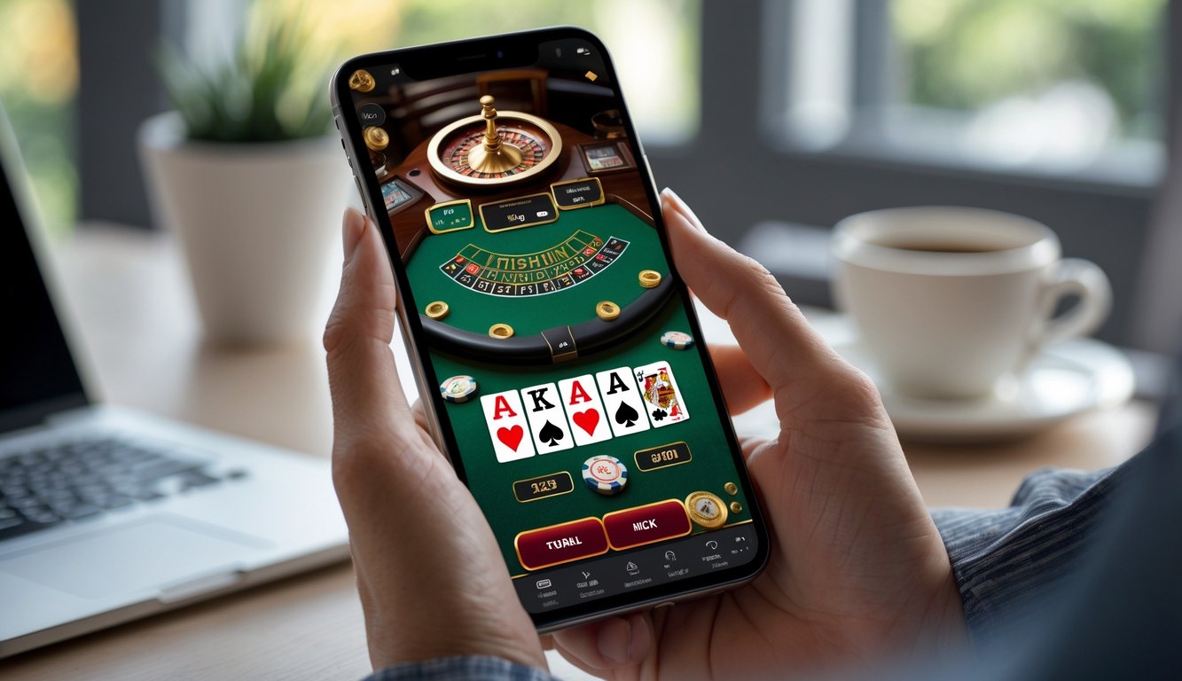 Seseorang memegang ponsel yang menampilkan permainan blackjack online dengan kartu dan chip dalam suasana ruangan yang nyaman.