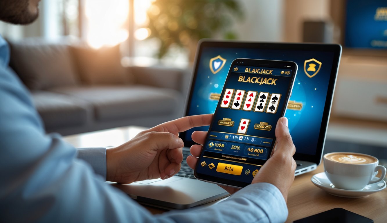 Seseorang sedang menggunakan perangkat digital untuk bermain blackjack online di lingkungan rumah yang nyaman.