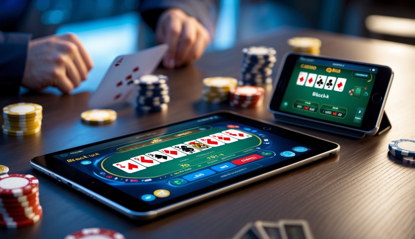 Ponsel dan tablet menampilkan permainan blackjack online dengan kartu dan chip di atas meja kayu.