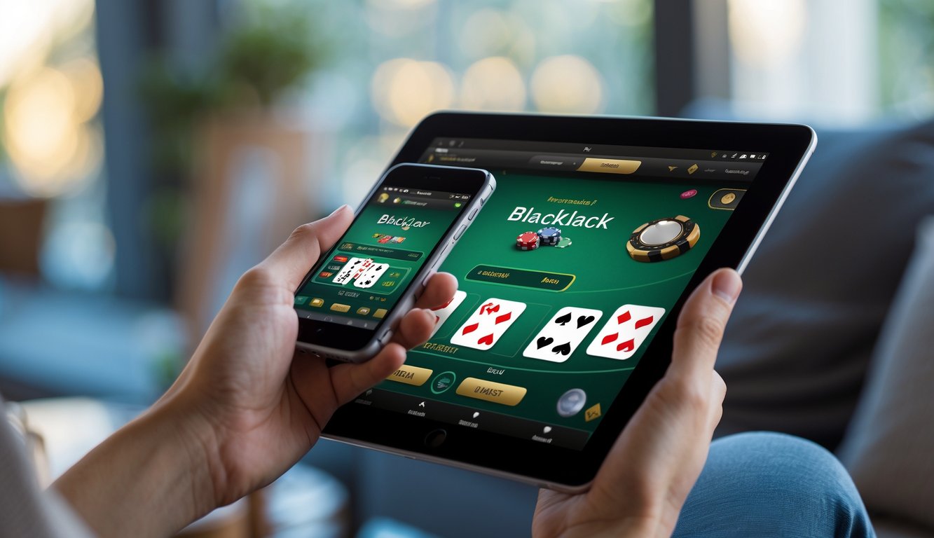 Seseorang memegang ponsel dan tablet yang menampilkan permainan blackjack online dengan kartu dan chip di layar.