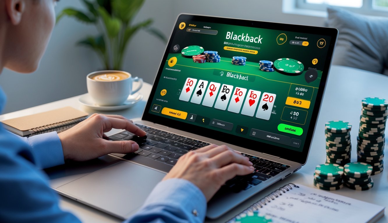 Seseorang yang fokus bermain blackjack online menggunakan laptop di ruang tamu modern dengan tumpukan chip dan catatan strategi di dekatnya.