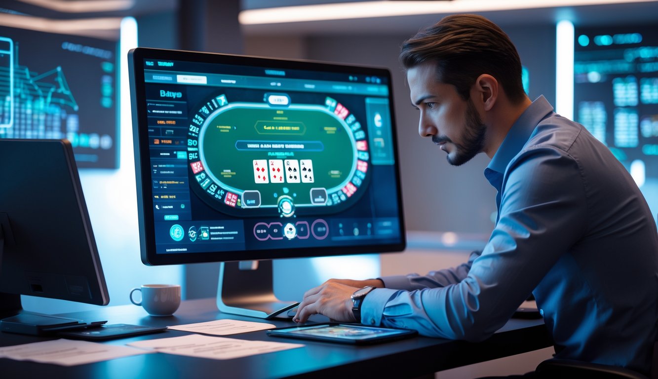 Seorang profesional sedang menganalisis permainan blackjack online di depan komputer dengan catatan strategi di meja.