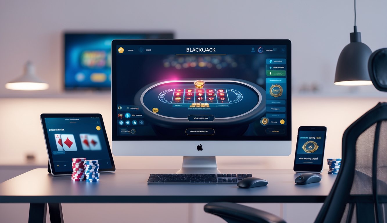 Seorang pengguna duduk di depan komputer dengan layar menampilkan permainan blackjack online, dikelilingi perangkat digital seperti ponsel dan tablet yang menunjukkan permainan kartu.