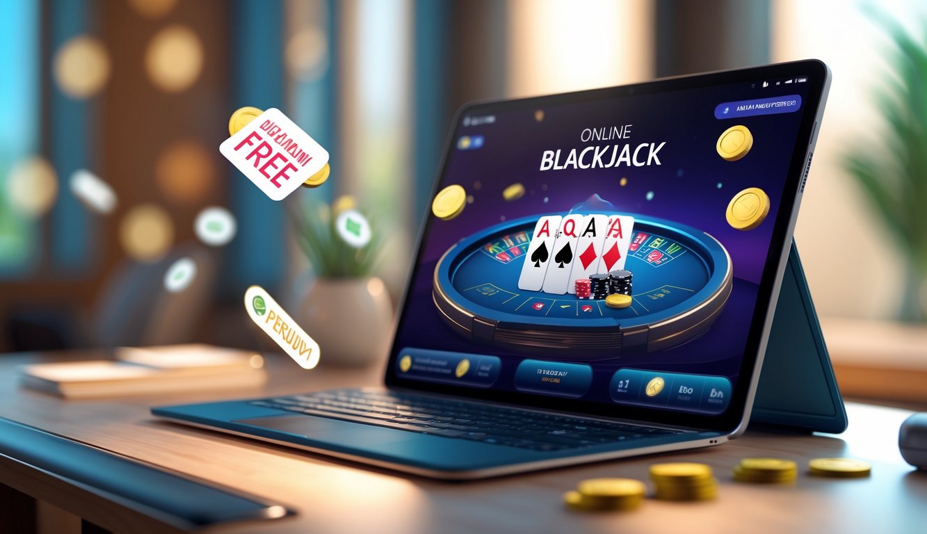 Seorang pengguna sedang bermain blackjack online di laptop dengan kartu dan chip terlihat di layar, di atas meja yang rapi dan terang.