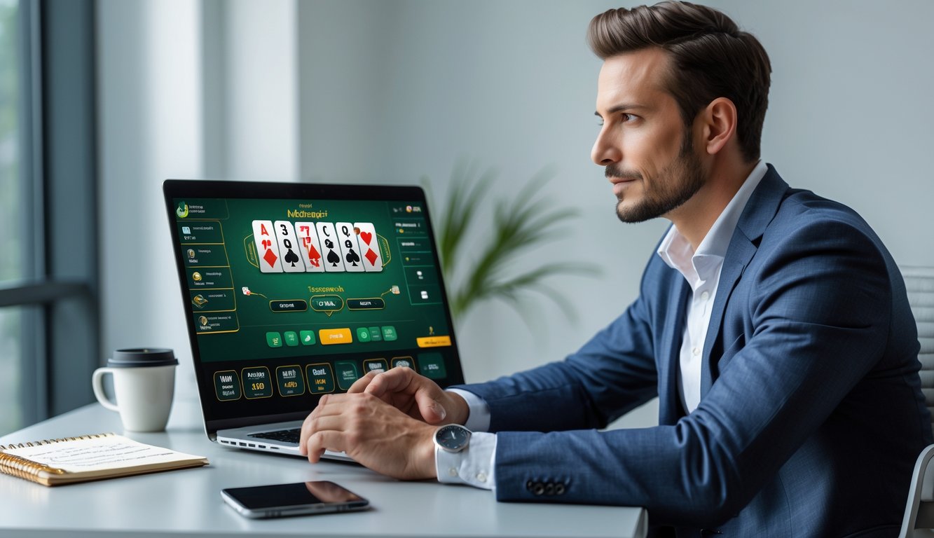 Seorang pria duduk di depan laptop yang menampilkan permainan blackjack online, terlihat fokus dan serius dengan catatan dan kopi di meja.