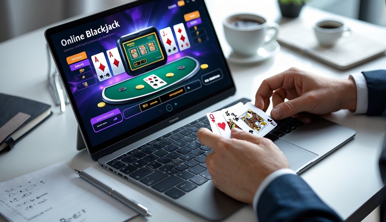 Seseorang bermain blackjack online menggunakan laptop di meja kerja dengan kartu dan chip terlihat di layar.