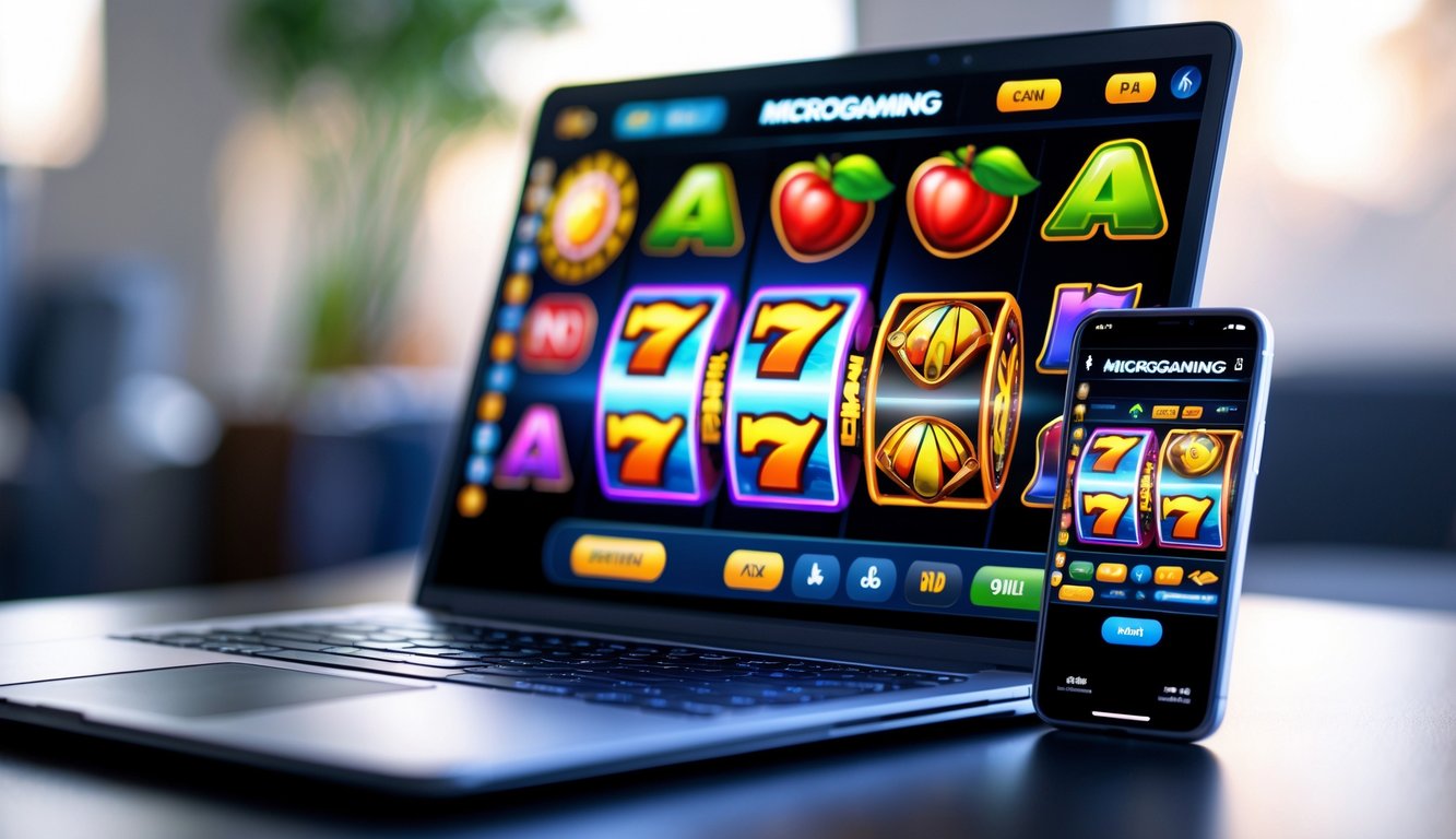 Seorang pengguna sedang bermain game slot online di laptop dan ponsel di meja dengan latar belakang ruangan yang nyaman.