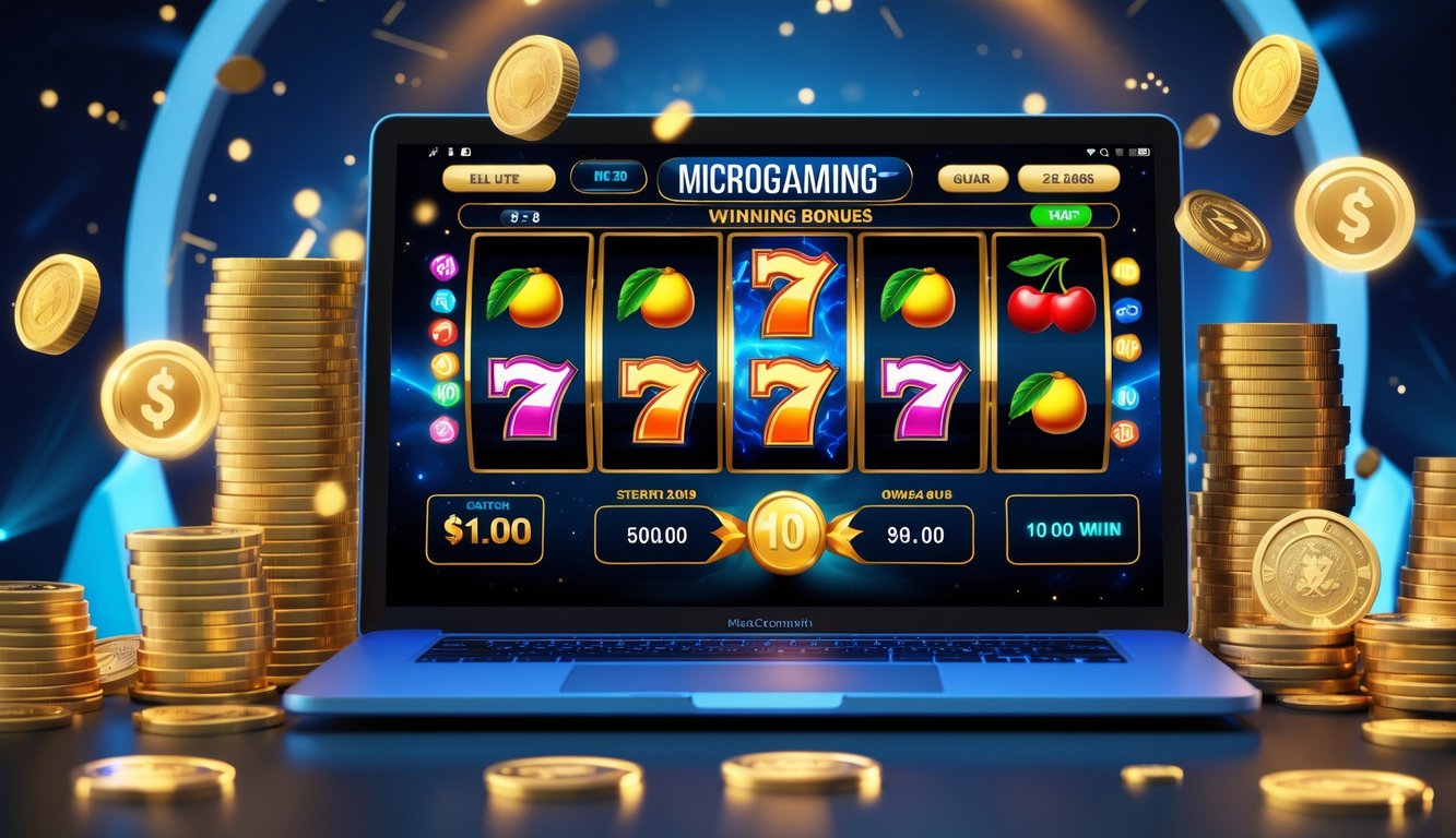Layar komputer menampilkan permainan slot online dengan simbol kemenangan dan tumpukan chip kasino di sekitarnya.