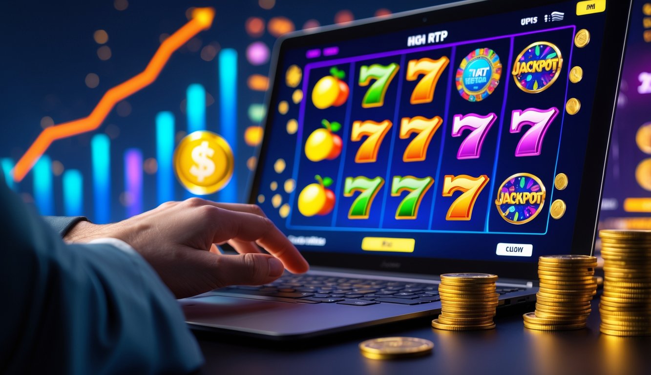 Seseorang menggunakan komputer dengan tampilan permainan slot online berwarna-warni dan simbol jackpot di layar.