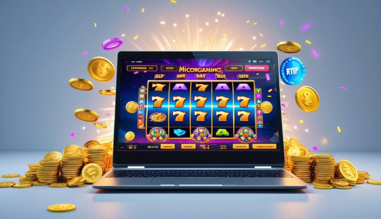 Seorang pemain yang sedang bermain game slot Microgaming online dengan layar komputer menampilkan permainan slot berwarna cerah dan simbol kemenangan.