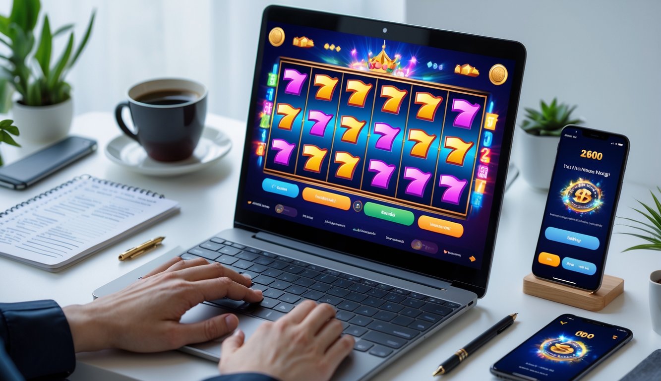 Seorang pemain sedang menggunakan komputer dengan tampilan permainan slot online yang berwarna-warni, di meja terdapat cangkir kopi dan catatan strategi.