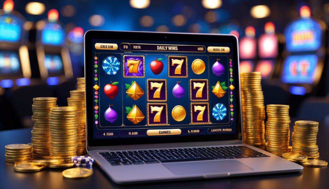 Sebuah komputer menampilkan permainan slot online dengan simbol warna-warni, dikelilingi tumpukan chip kasino dan koin emas.