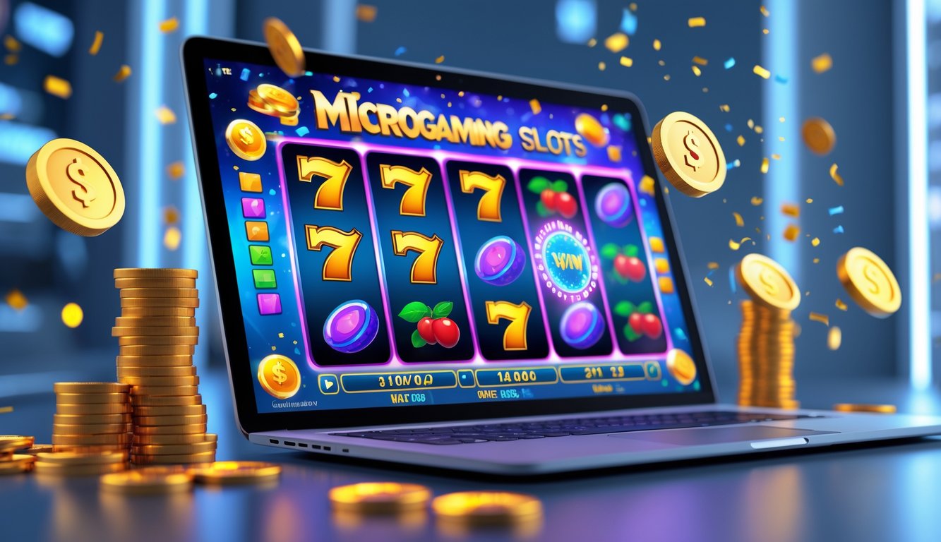 Seorang pemain sedang menggunakan laptop dengan layar menampilkan permainan slot online yang penuh warna dan simbol kemenangan, dikelilingi oleh koin emas dan efek cahaya yang menunjukkan kemenangan dan bonus.