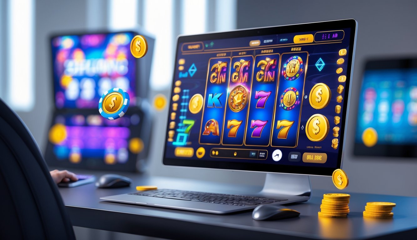 Seorang pemain menggunakan komputer untuk bermain mesin slot Microgaming online dengan tampilan grafik permainan yang berwarna-warni dan simbol kemenangan.