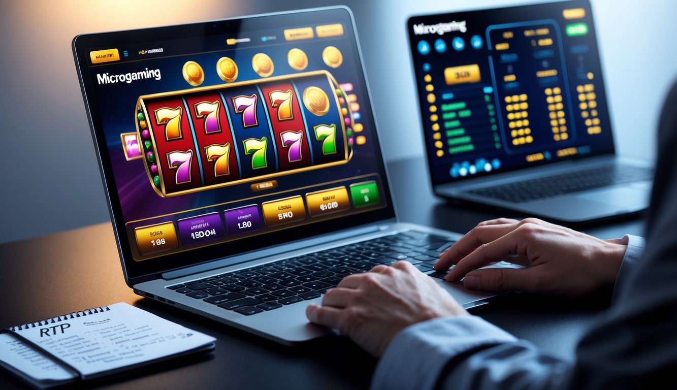 Seorang pemain menggunakan laptop dengan tampilan permainan slot online Microgaming, di samping terdapat smartphone dan catatan strategi.