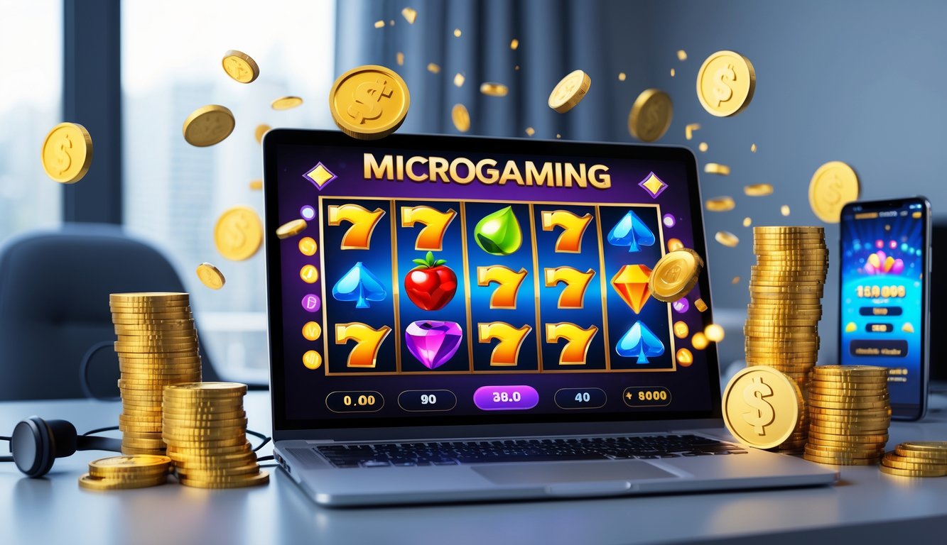 Seseorang bermain permainan slot online di komputer dengan koin emas dan hadiah besar di sekitar meja.