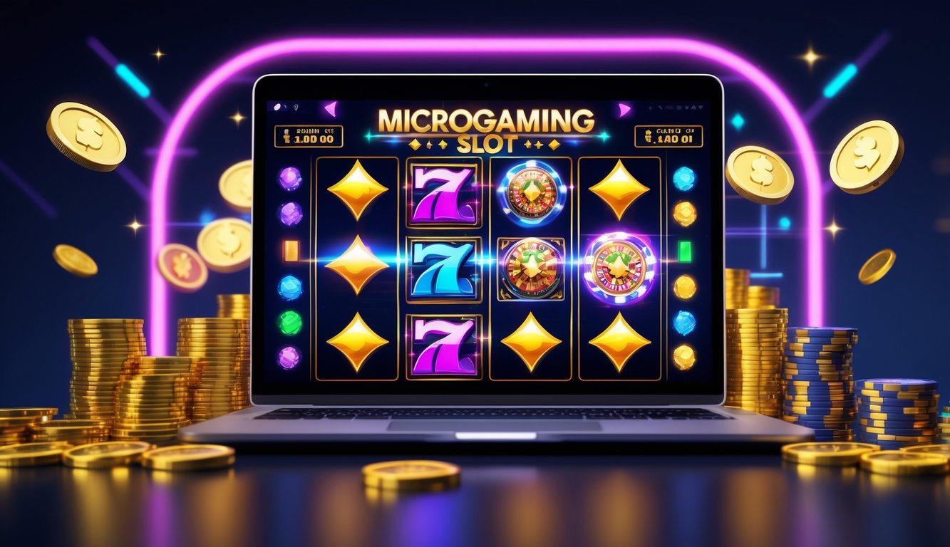 Sebuah layar komputer menampilkan permainan slot online dengan simbol warna-warni dan koin emas di sekitarnya.