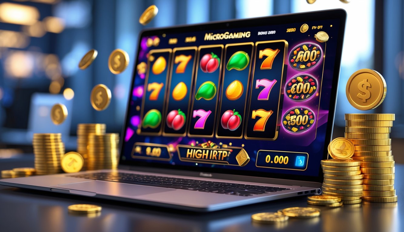 Seorang pemain menggunakan komputer dengan tampilan permainan slot online Microgaming yang berwarna-warni dan simbol jackpot serta koin emas di sekitar meja kerja.