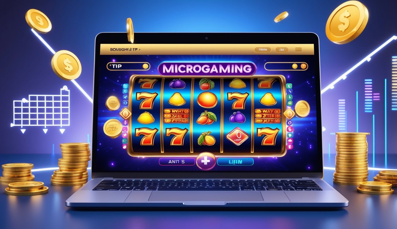 Seorang pemain sedang menggunakan komputer dengan layar menampilkan permainan slot online berwarna cerah dan simbol mesin slot klasik.