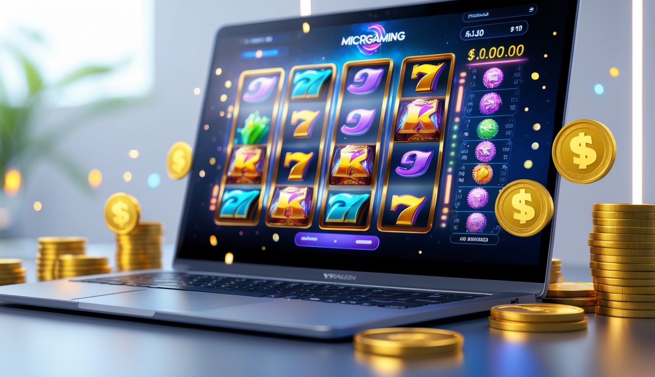 Seseorang sedang bermain permainan slot online Microgaming di layar komputer dengan simbol warna-warni dan ikon jackpot.