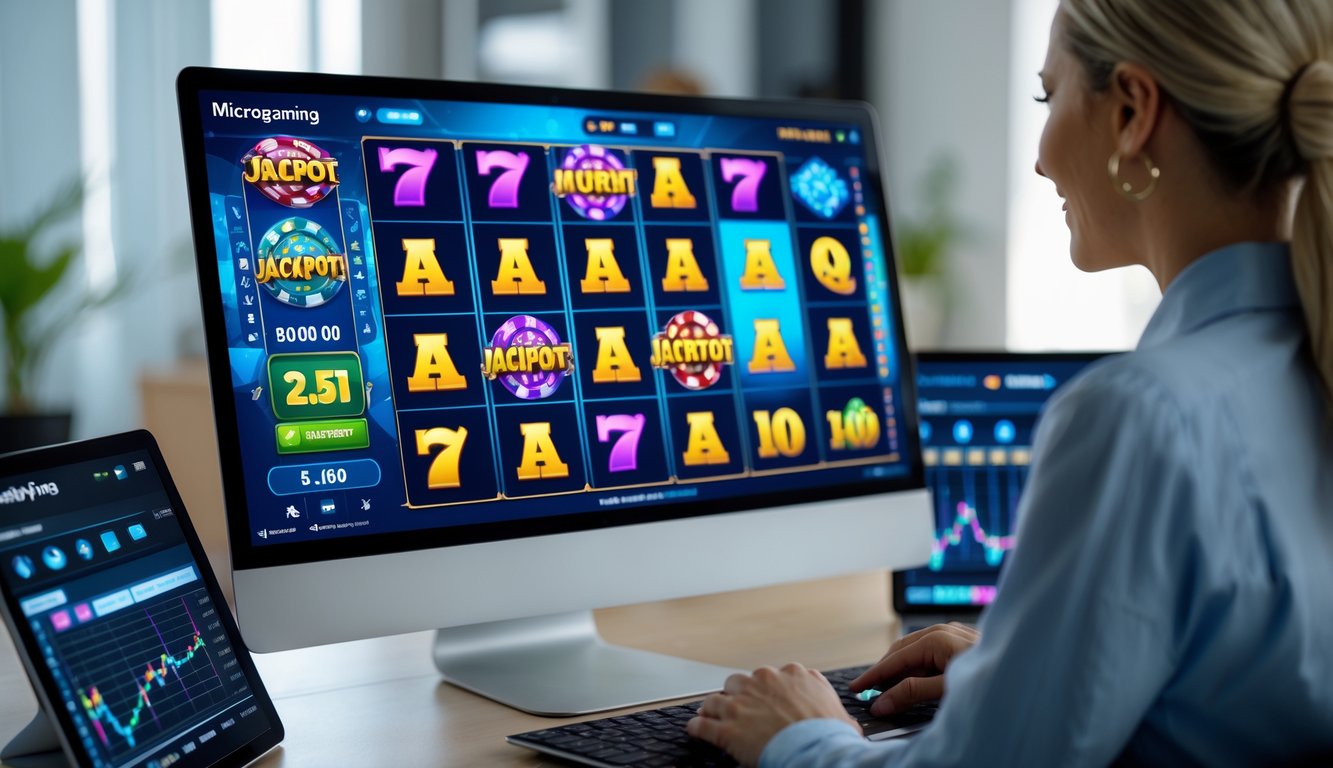 Seorang pemain dewasa menggunakan komputer dengan tampilan permainan slot Microgaming yang berwarna-warni dan grafik tren di latar belakang.