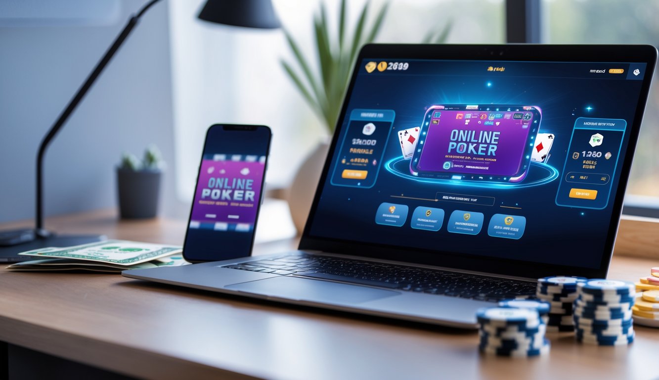 Seorang pemain menggunakan laptop dan ponsel untuk bermain poker online dengan suasana meja yang rapi dan chip poker di sekitar.