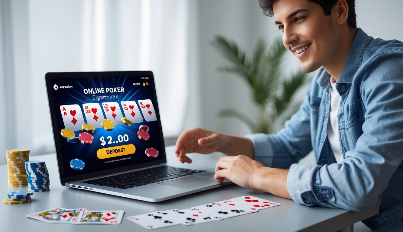 Seseorang sedang bermain poker online di laptop dengan chip poker dan kartu di meja, menunjukkan aktivitas deposit dan kemenangan besar.