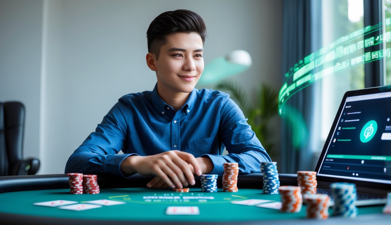 Seorang pemula poker online duduk di meja poker dengan kartu dan chip, fokus merencanakan strategi kemenangan.