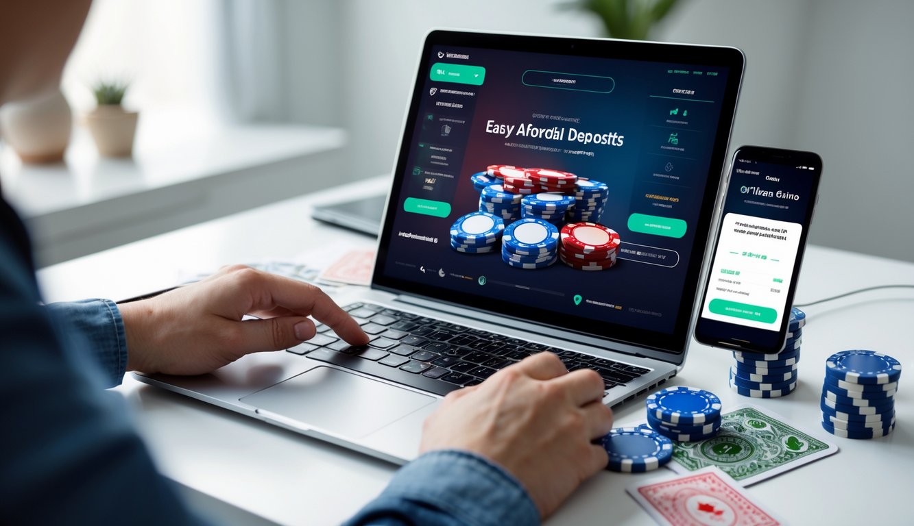 Seseorang bermain poker online dengan laptop dan smartphone di meja kerja yang rapi, dikelilingi chip poker dan kartu remi.