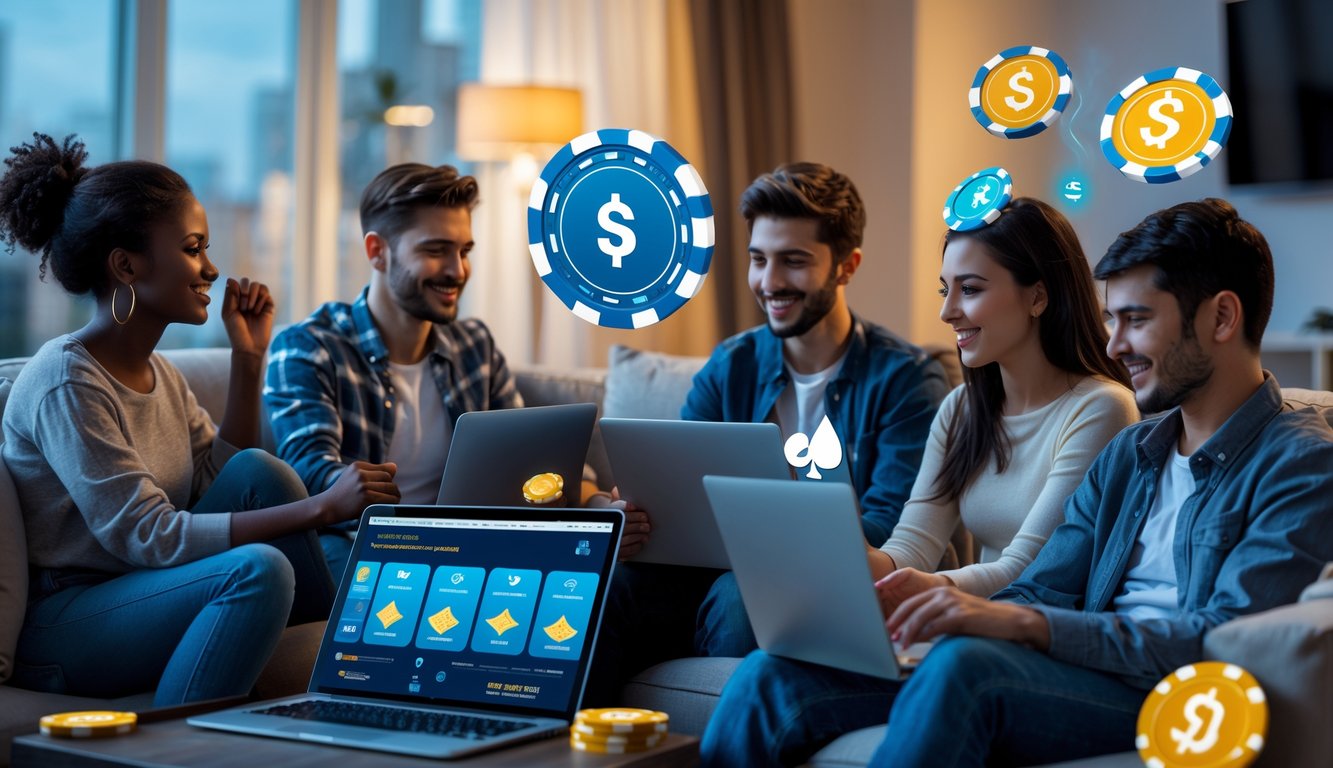 Sekelompok orang muda bermain poker online dengan laptop dan ponsel di ruang tamu modern.