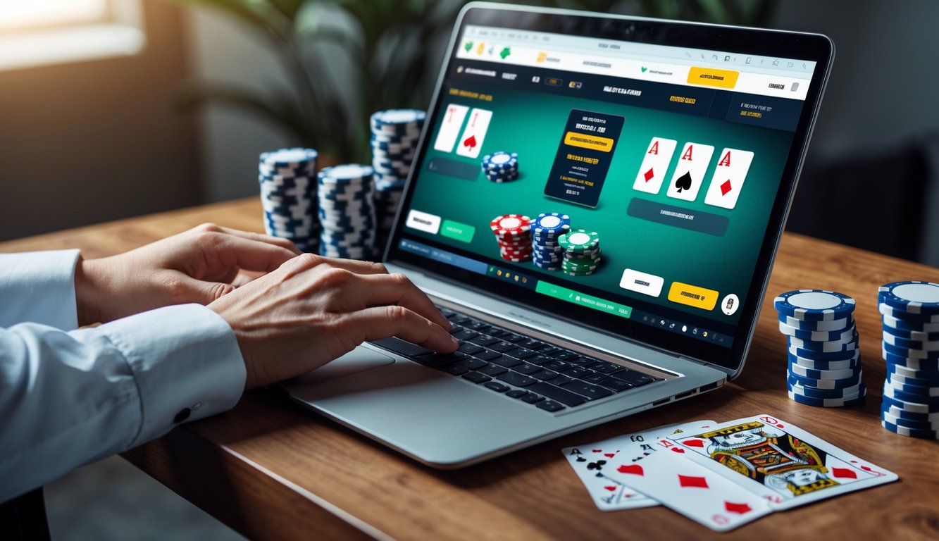 Seseorang menggunakan laptop dengan permainan poker online di meja kayu yang rapi, dikelilingi chip poker dan kartu remi.
