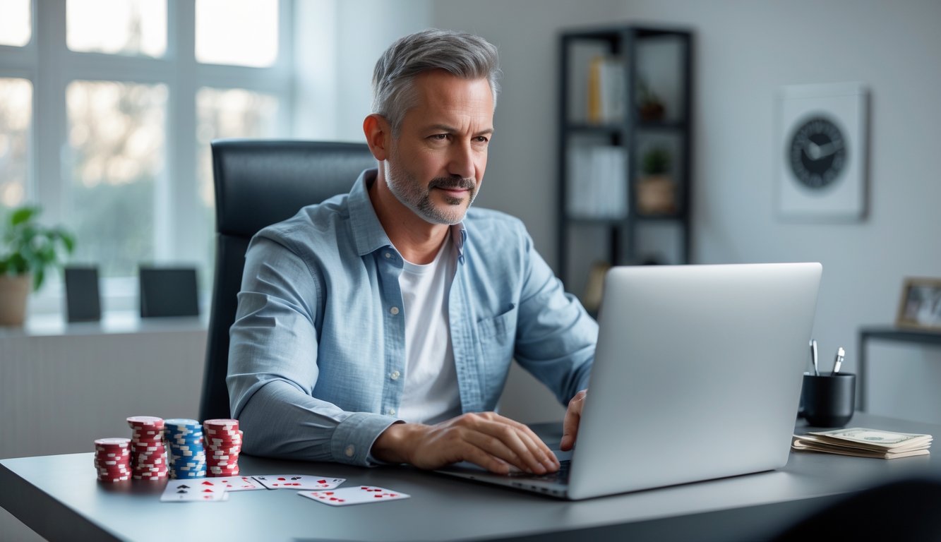 Seorang pria dewasa duduk di meja dengan laptop, bermain poker online di ruang kerja yang rapi dan terang dengan dekorasi kartu dan chip poker.